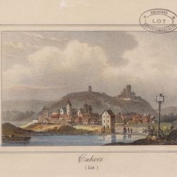 Estampe reprsentant une vue d'ensemble de la ville de Cahors depuis les berges du Lot [1836 ?]. A.D. du Lot : 4 Fi 7.