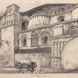 Façade latérale Nord de la cathédrale Saint-Etienne de Cahors en 1835 / Dauzats ; lithographie Thierry frères. A.D. du Lot : 5 Fi 4.