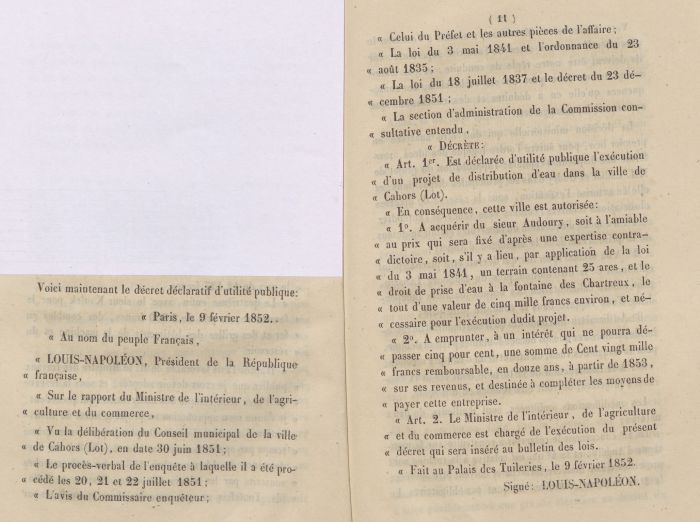 illus 1. La distribution de l'eau. Archives départementales du Lot, décret autorisant l'exécution du projet de distribution de l'eau, 1852 : 2 O 62/20 