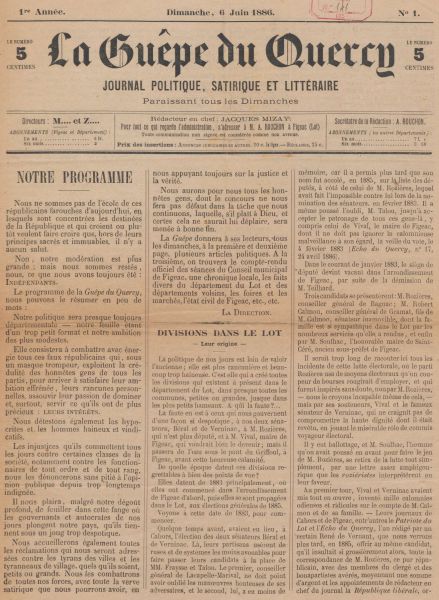 La Guêpe du Quercy n° 1, 6 juin 1886. Archives départementales du Lot : 1 PER 22/1