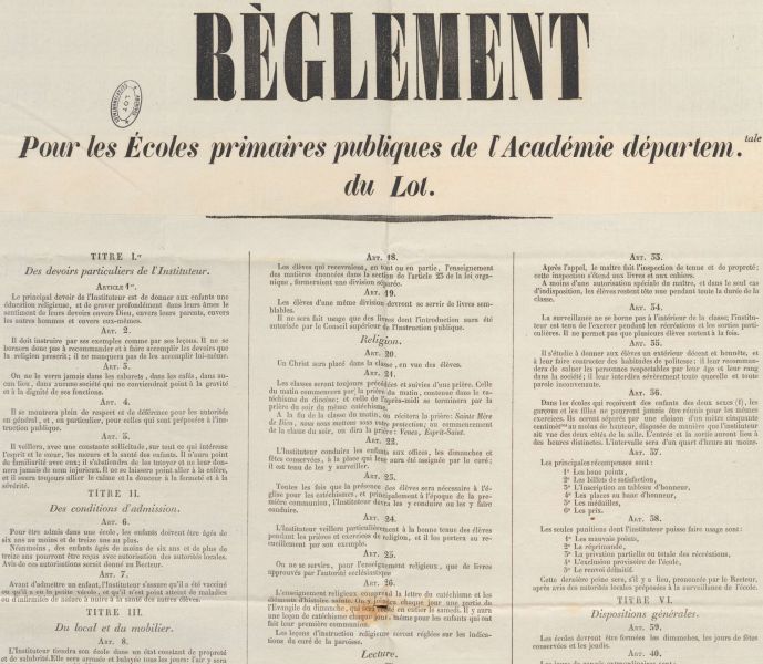 Doc 1. Règlement pour les écoles du Lot, 16/7/1852 : 1 T 45