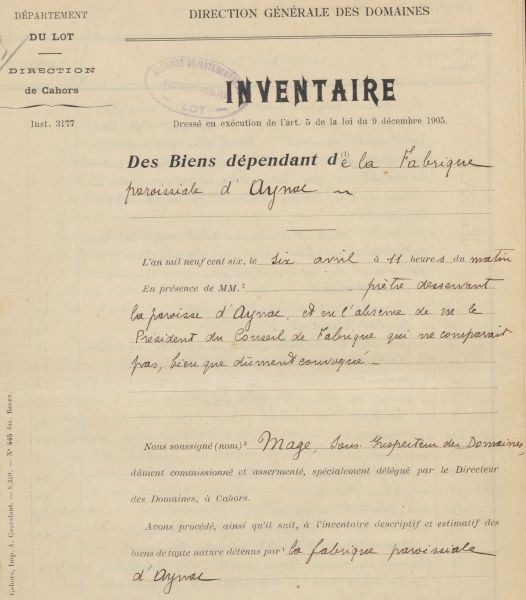 Inventaire d'Aynac, 6/4/1906, 2Q15