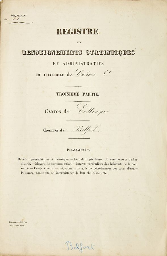 Le Lot vers 1850. Registre des renseignements statistiques et administratifs : commune de Belfort