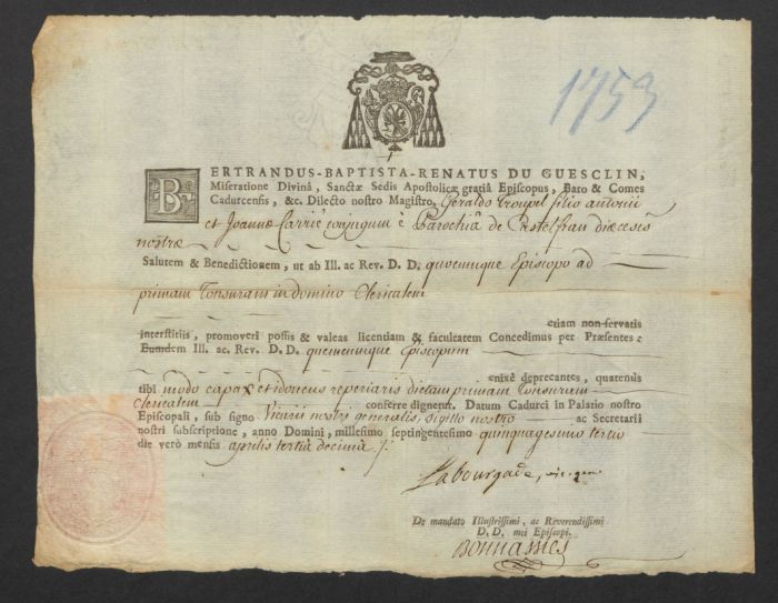 G 178 : Lettre de tonsure accordée par l'évêque Bertrand Du Guesclin, 1753, Archives départementales du Lot