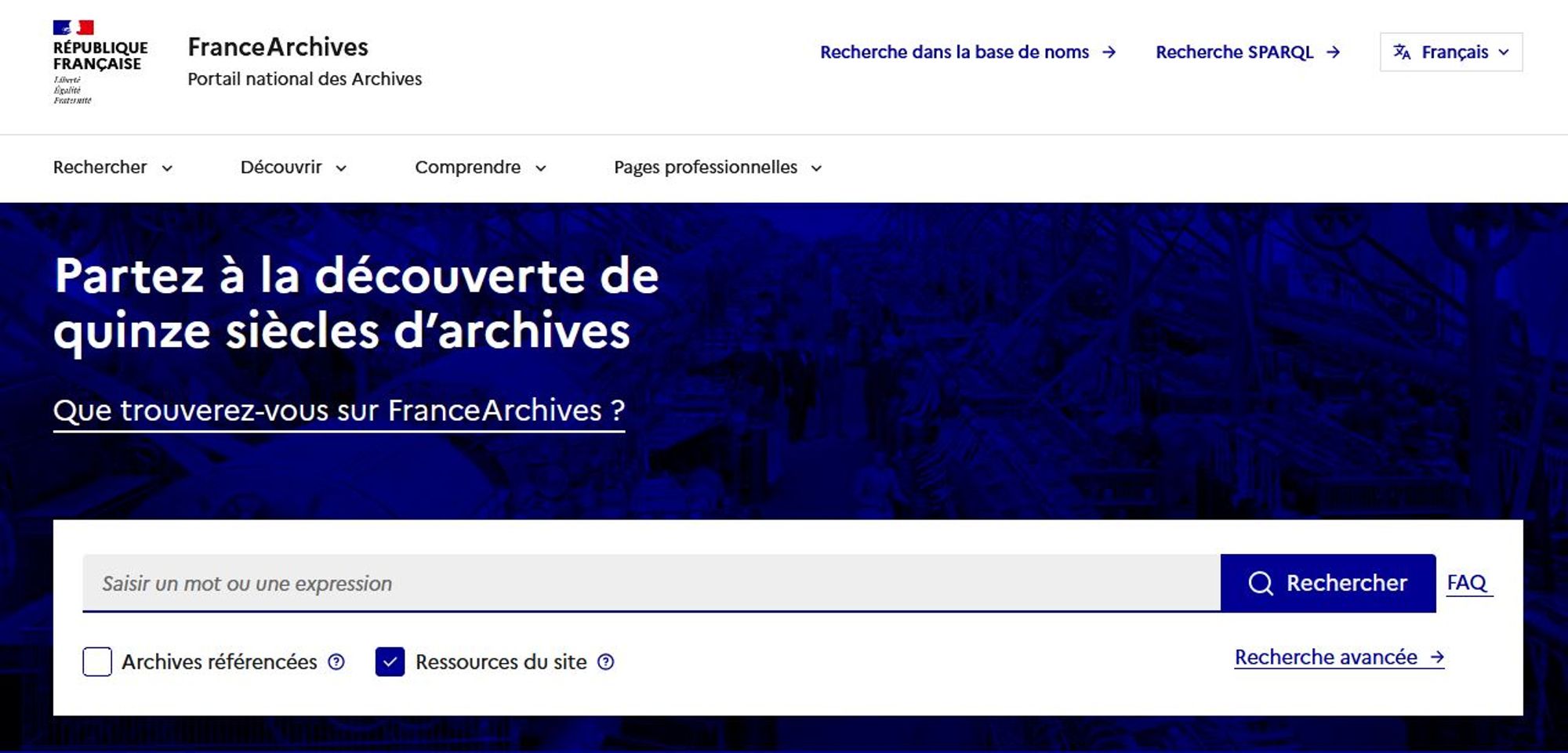 Page d'accueil du site FranceArchives